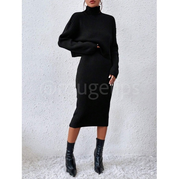 Black 2 Piece Set: Knit Midi Pencil Dress and Turtleneck Pullover Sweater